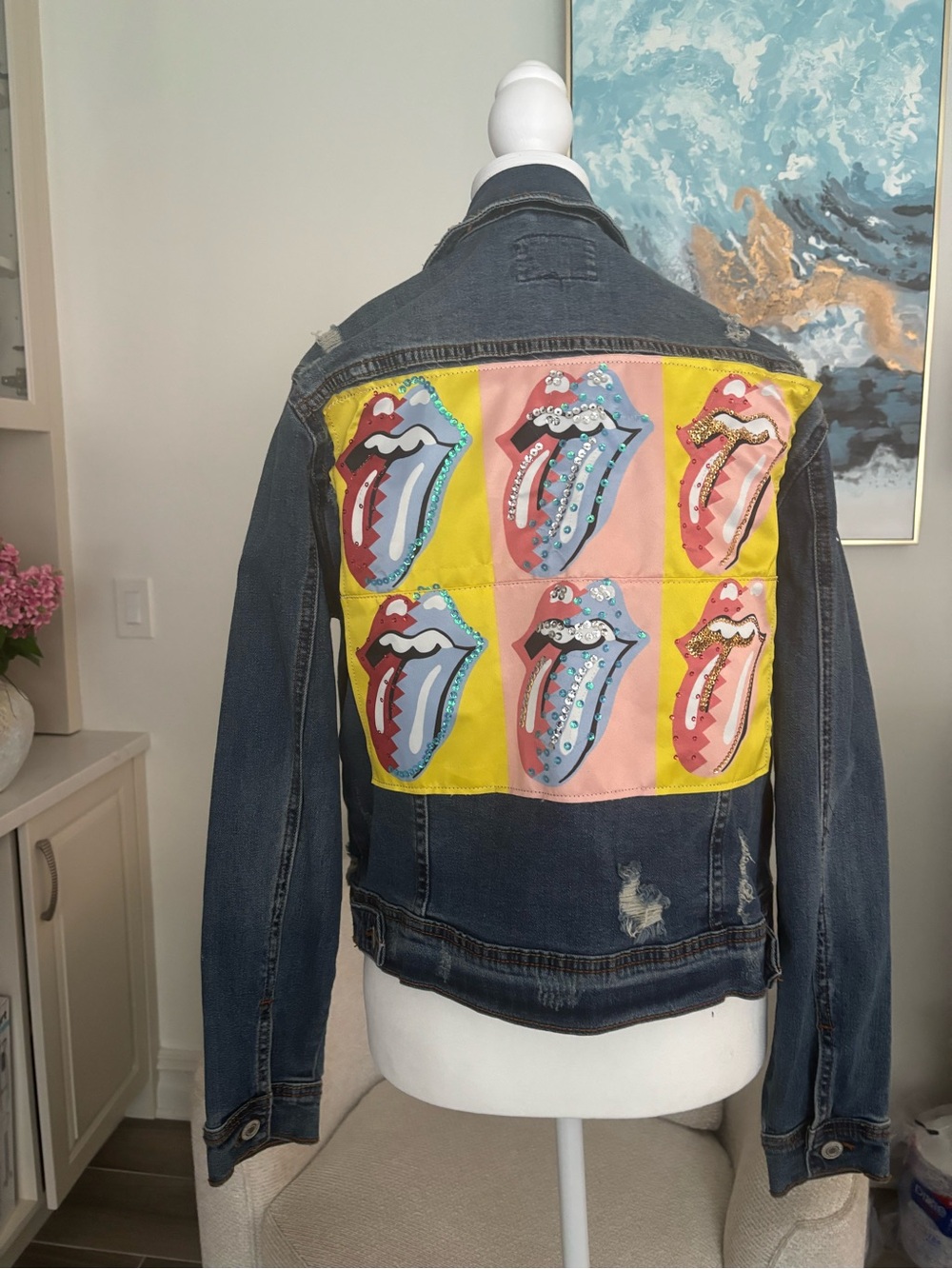 Patchwork Pop-Tongue Denim Jacket - Blue with Yellow & Pink Panels